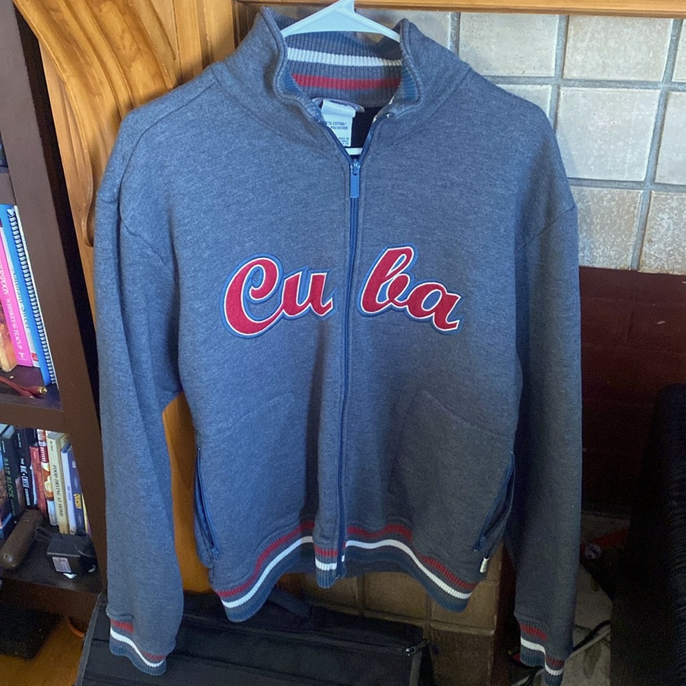 Blue Marlin CUBA Vintage 90’s Zip front Baseball Jacket Men Large Gray Fleece